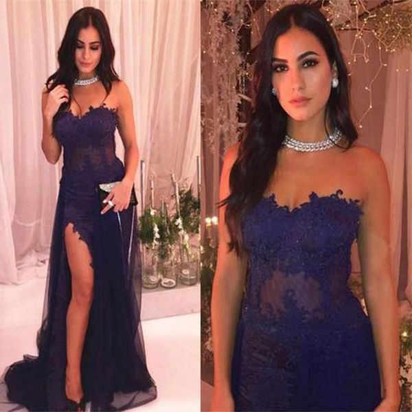 2020 split prom dresses sweetheart illusion bodice appliques lace tulle satin saudi arabic mermaid evening gowns, Black 
2020 split prom dresses sweetheart illusion bodice appliques lace tulle satin saudi arabic mermaid evening gowns, Black
