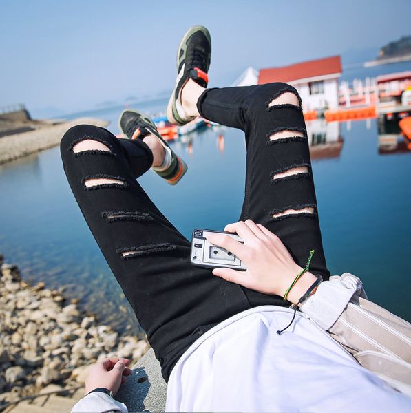 new style jeans men trend slim fit jeans men's wear black ripped capri pants skinny jeans boy's, Blue
new style jeans men trend slim fit jeans men's wear black ripped capri pants skinny jeans boy's, Blue