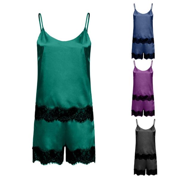 women hollow out floral lace trim faux silk two piece lingerie pajamas set deep v-neck tank bowknot solid color shorts, Blue;gray
women hollow out floral lace trim faux silk two piece lingerie pajamas set deep v-neck tank bowknot solid color shorts, Blue;gray