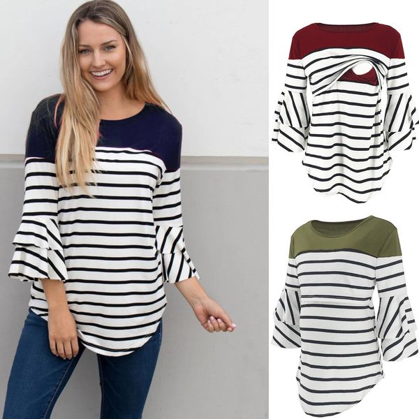 

ARLONEET Women Maternity Nursing Breastfeeding Stripe Blouse Bell sleeve Pregnant lactation Tops Outwear Embarazada gown CJ09