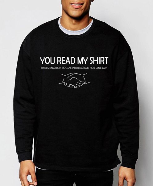 2017 spring winter novelty men hoodies you read my shirt that's enough social interaction sweatshirt brand streetwear loose fit, Black
2017 spring winter novelty men hoodies you read my shirt that's enough social interaction sweatshirt brand streetwear loose fit, Black