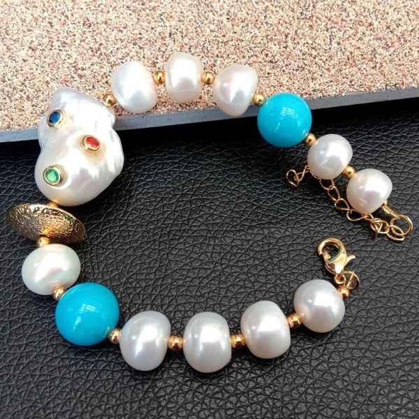 natural white freshwater pearl blue howlite big reborn keshi pearl cz pave beaded bracelet extender 8'' gold color plated clasp, Black
natural white freshwater pearl blue howlite big reborn keshi pearl cz pave beaded bracelet extender 8'' gold color plated clasp, Black
