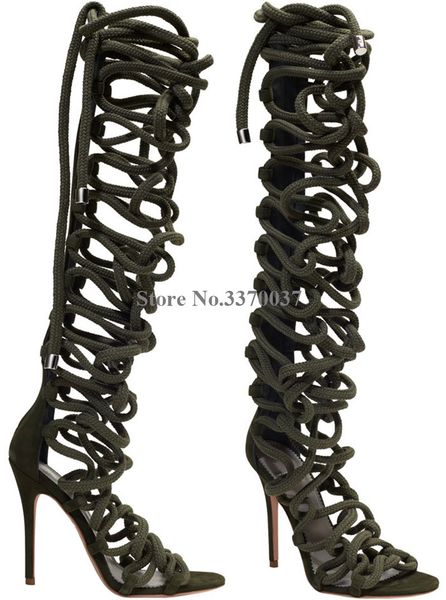 fashion women open toe rope cross-tie knee high stiletto heel gladiator boots white army green long high heel sandal boots, Black
fashion women open toe rope cross-tie knee high stiletto heel gladiator boots white army green long high heel sandal boots, Black