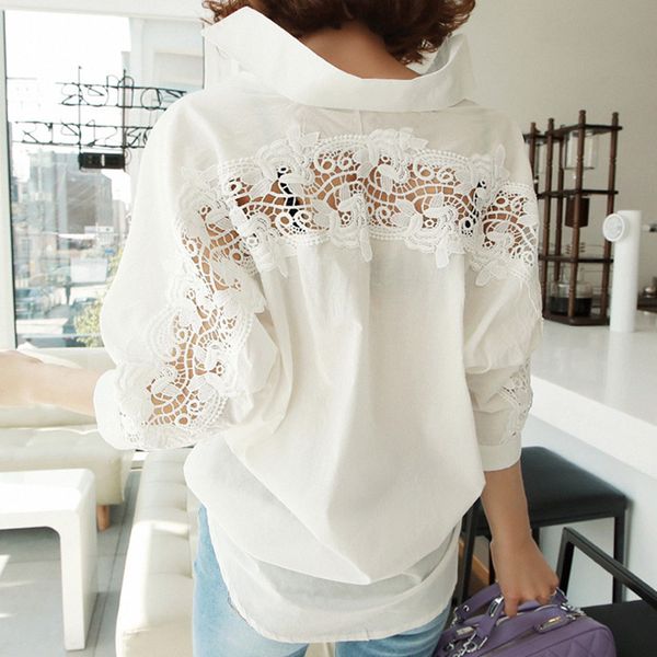 sring лето женщины белая рубашка средней длины кружева шить сексуальные топы отложной воротник цветок выдалбливают блузку, White 
sring лето женщины белая рубашка средней длины кружева шить сексуальные топы отложной воротник цветок выдалбливают блузку, White