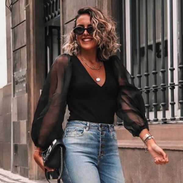 women deep v neck black blouse patchwork transparent sleeve stretchy shirt female chic stylish blusas, White
women deep v neck black blouse patchwork transparent sleeve stretchy shirt female chic stylish blusas, White