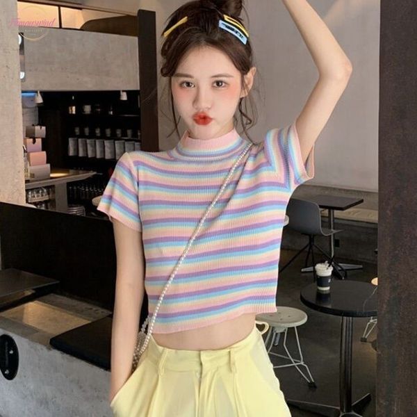 2020 summer ice цвет tee shirt женщины короткая симпатичная футболка радуга полосатой тонкое вязание топ короткий рукав, White
2020 summer ice цвет tee shirt женщины короткая симпатичная футболка радуга полосатой тонкое вязание топ короткий рукав, White