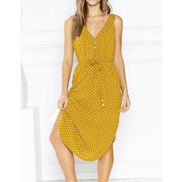 v-neck women dress dots printing casual over-knee sleeveless summer dress, Black;gray