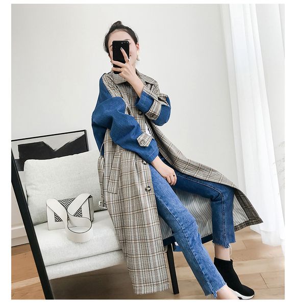 windbreaker female long section plaid patckwork denim trench korean new cowboy long chic jeans coat, Tan;black
windbreaker female long section plaid patckwork denim trench korean new cowboy long chic jeans coat, Tan;black