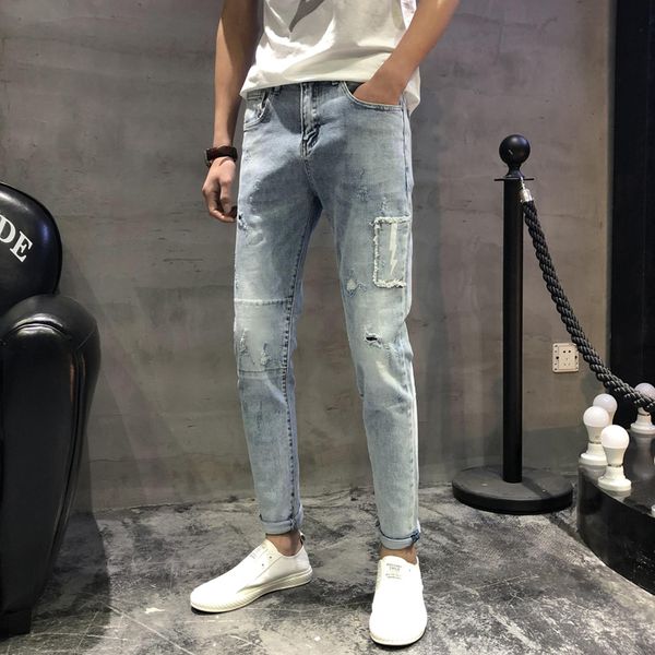 2019 spring light color hole long jeans male elastic slim feet tide male tide harem pants trend trousers, Blue
2019 spring light color hole long jeans male elastic slim feet tide male tide harem pants trend trousers, Blue