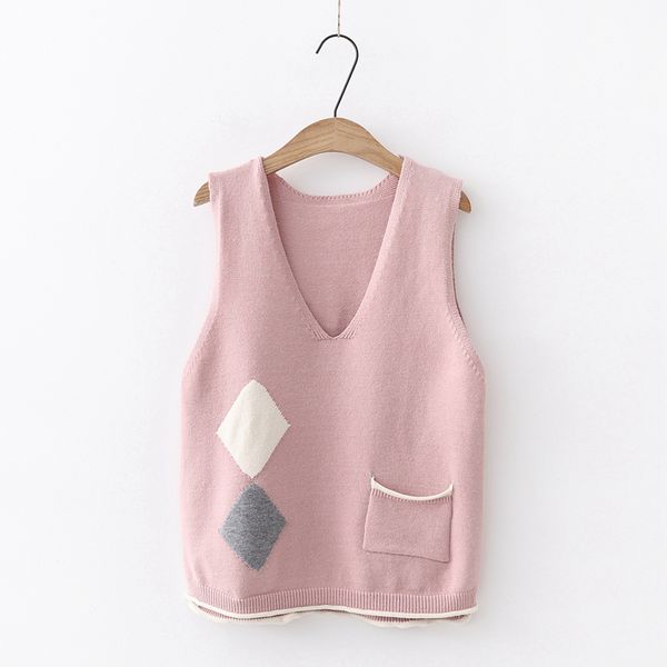 diamond geometric pocket quality v-neck sleeveless knitted vest sweater, White;black