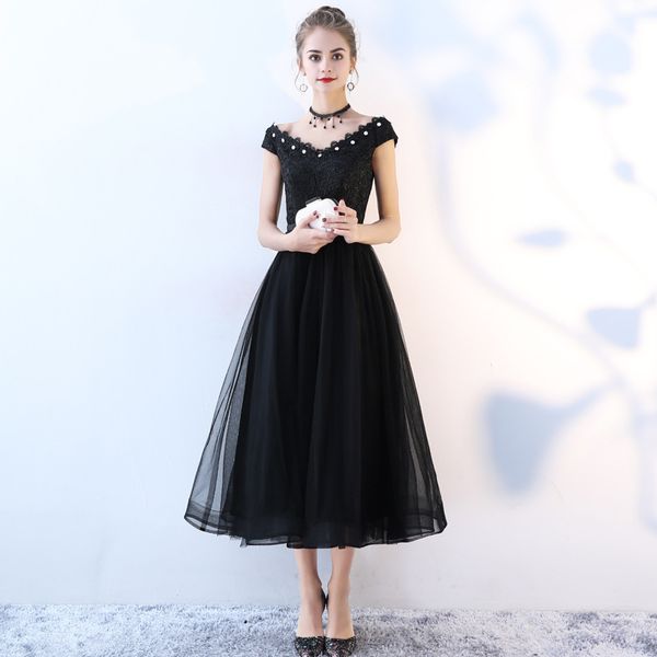 bateau neck tulle cocktail dresses with lace 2019 short sleeves party dress knee length prom gowns, Black
bateau neck tulle cocktail dresses with lace 2019 short sleeves party dress knee length prom gowns, Black