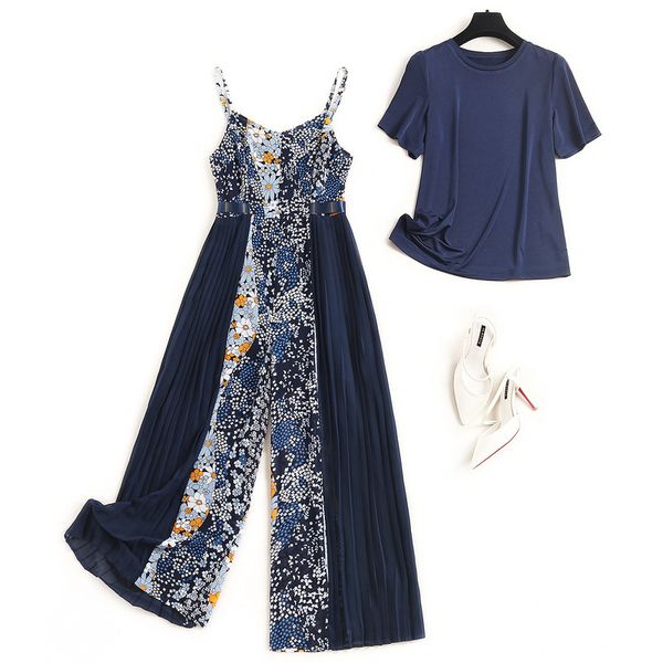 2020 summer fashion pants suit solid knitted t-shirt and matching floral printed pleated chiffon jumpsuit 2 piece set women, White
2020 summer fashion pants suit solid knitted t-shirt and matching floral printed pleated chiffon jumpsuit 2 piece set women, White