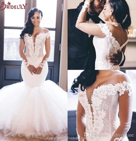 modern african plus size mermaid wedding dresses v neck off shoulder long sleeve ruched ruffles appliques wedding dress bridal gowns, White
modern african plus size mermaid wedding dresses v neck off shoulder long sleeve ruched ruffles appliques wedding dress bridal gowns, White