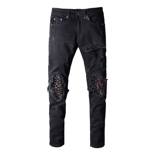 european and american high street tide brand ami hole patch pure black beggar slim feet micro elastic jeans, Blue
european and american high street tide brand ami hole patch pure black beggar slim feet micro elastic jeans, Blue