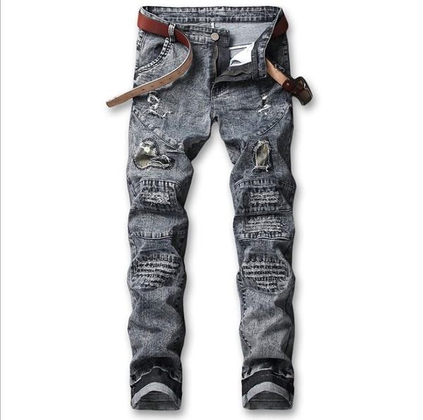 mens designer knee patch hole jeans straight jeans, Blue
