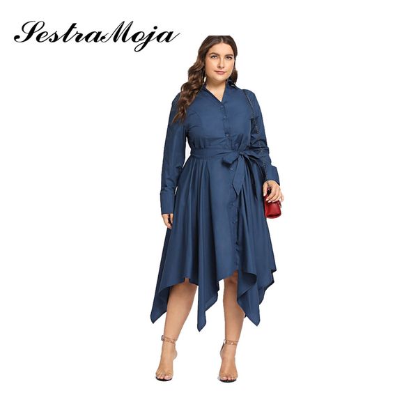 

sestra moja 5xl autumn spring women fashion lapel dress long sleeve irregular hem plus size denim dress with belt 2019 vestidos, Black;gray