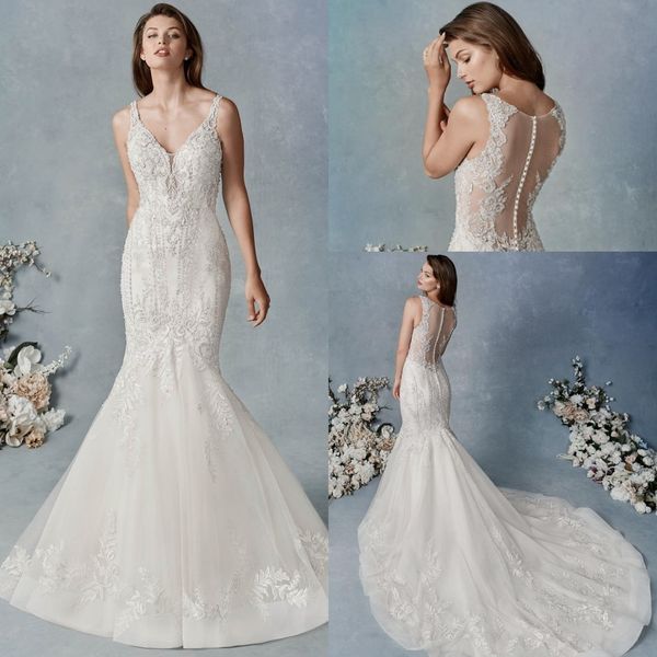 luxury mermaid kenneth winston wedding dresses v neck seeveless tulle lace applique crystal button wedding gown sweep train robe de mariée, White
luxury mermaid kenneth winston wedding dresses v neck seeveless tulle lace applique crystal button wedding gown sweep train robe de mariée, White