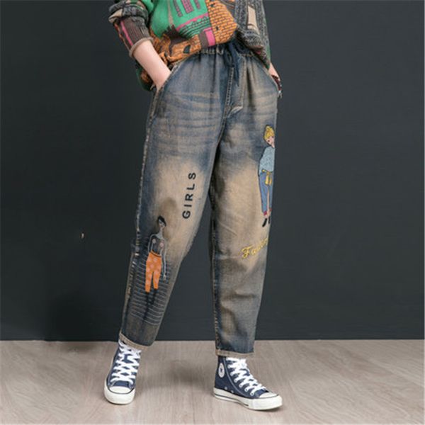 2019 women jeans loose pants oversized elastic waist pant women europe denim high waist ninth length cartoon print pant, Blue 
2019 women jeans loose pants oversized elastic waist pant women europe denim high waist ninth length cartoon print pant, Blue
