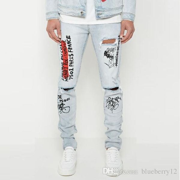 mens jeans hole distrressed summer new graffiti stretch slim denim trousers european and american style sale, Blue
mens jeans hole distrressed summer new graffiti stretch slim denim trousers european and american style sale, Blue