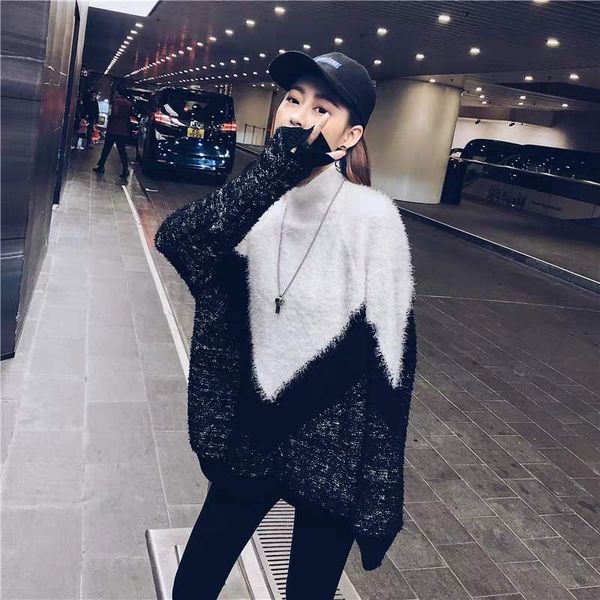imitation mink cashmere high-necked sweater women's 2019 new loose sleeve head lazy wind knit sweater color collision, White;black
imitation mink cashmere high-necked sweater women's 2019 new loose sleeve head lazy wind knit sweater color collision, White;black
