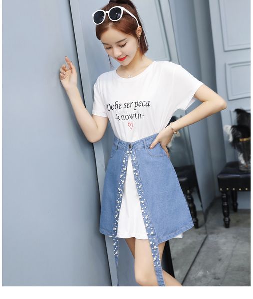 letter print pattern t-shirt dress+nail bead mini denim skirts 2-pieces sets match young student casual women's sets, White
letter print pattern t-shirt dress+nail bead mini denim skirts 2-pieces sets match young student casual women's sets, White