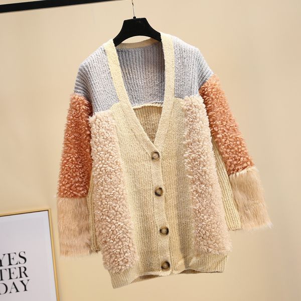 2018new lazy wind sweater female imitation sheep roll fur sleeves stitching pink knit cardigan thickening women's coat wholesale, White;black
2018new lazy wind sweater female imitation sheep roll fur sleeves stitching pink knit cardigan thickening women's coat wholesale, White;black