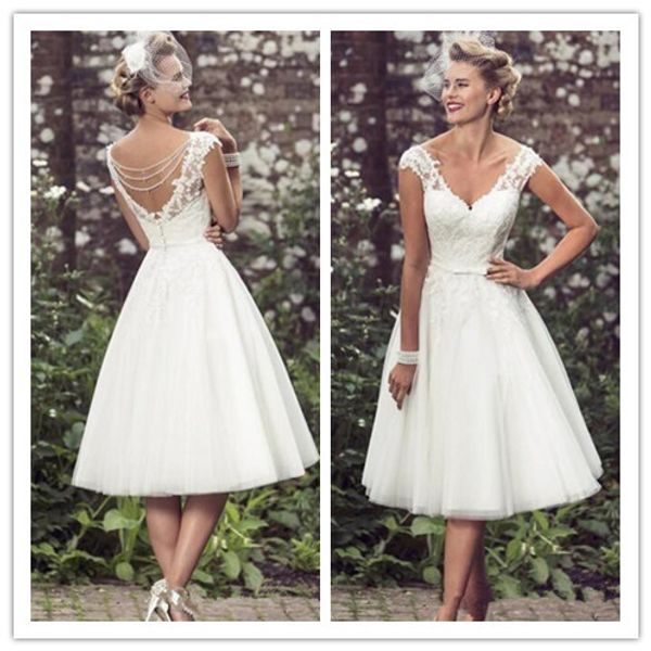 elegant tea-length wedding dresses v neck cap sleeves appliques lace tulle ball gown short wedding dresses, White
elegant tea-length wedding dresses v neck cap sleeves appliques lace tulle ball gown short wedding dresses, White