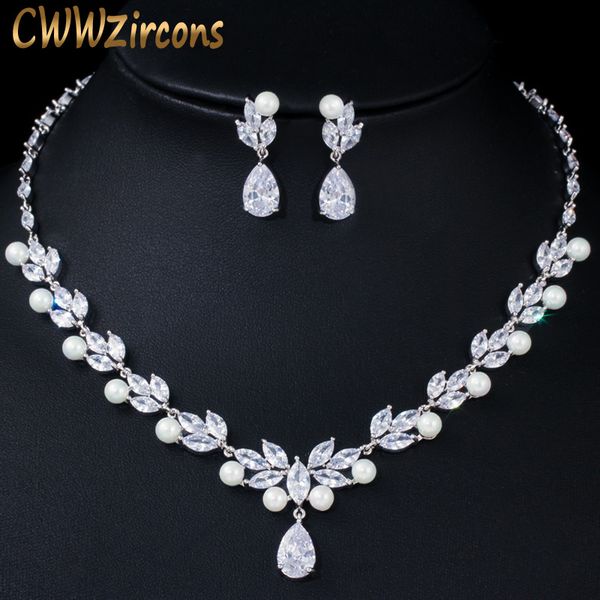 cwwzircons elegant dangle drop cubic zirconia leaf flower big pearl necklace earrings bridal wedding jewelry sets for women t362, Slivery;golden
cwwzircons elegant dangle drop cubic zirconia leaf flower big pearl necklace earrings bridal wedding jewelry sets for women t362, Slivery;golden