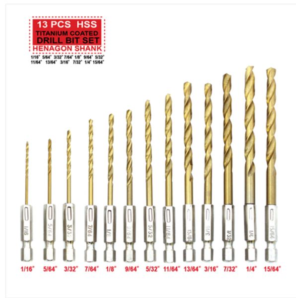 wholesales 13 pcs hss titanize drill bit set hexagon shank for wood plastic steel
wholesales 13 pcs hss titanize drill bit set hexagon shank for wood plastic steel
