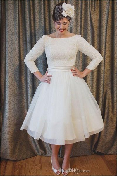 2018 new plus size tea length lace and chiffon wedding dresses a line beach bridal gowns with 3/4 long sleeves elegant custom made 467, White
2018 new plus size tea length lace and chiffon wedding dresses a line beach bridal gowns with 3/4 long sleeves elegant custom made 467, White