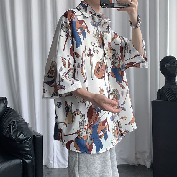 men's shirt 2020 summer new slim, solid color couple cartoon printed five-point sleeve shirt casual lapel youth men's wear, White;black
men's shirt 2020 summer new slim, solid color couple cartoon printed five-point sleeve shirt casual lapel youth men's wear, White;black