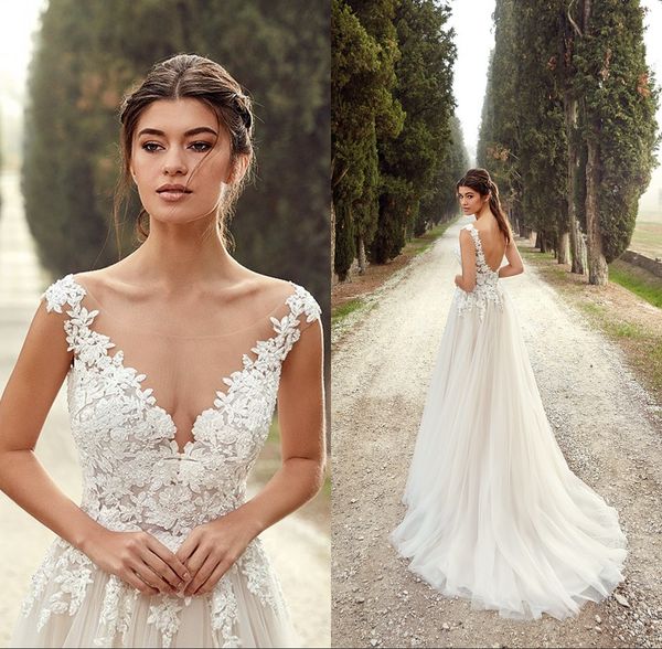 2019 sheer v neck wedding dresses lace appliques backless tulle bridal gown sweep train vestido de novia, White
2019 sheer v neck wedding dresses lace appliques backless tulle bridal gown sweep train vestido de novia, White