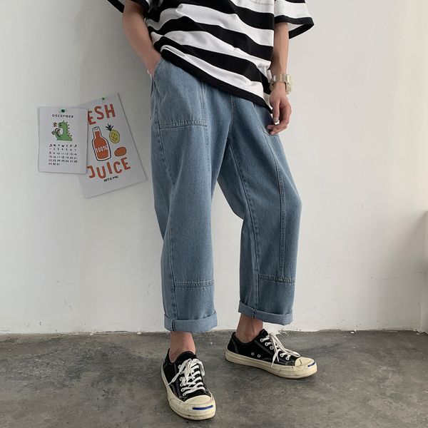 men's jeans 2020 spring new handsome solid color nine points stitching jeans youth personality fashion trend men's clothing, Blue 
men's jeans 2020 spring new handsome solid color nine points stitching jeans youth personality fashion trend men's clothing, Blue