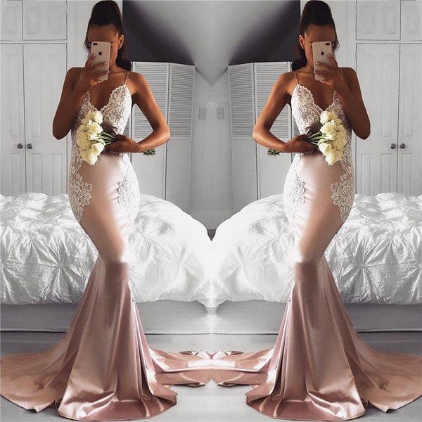 backless mermaid prom dresses spaghetti straps lace applique sweep train elastic satin custom made evening formal gowns, Black
backless mermaid prom dresses spaghetti straps lace applique sweep train elastic satin custom made evening formal gowns, Black