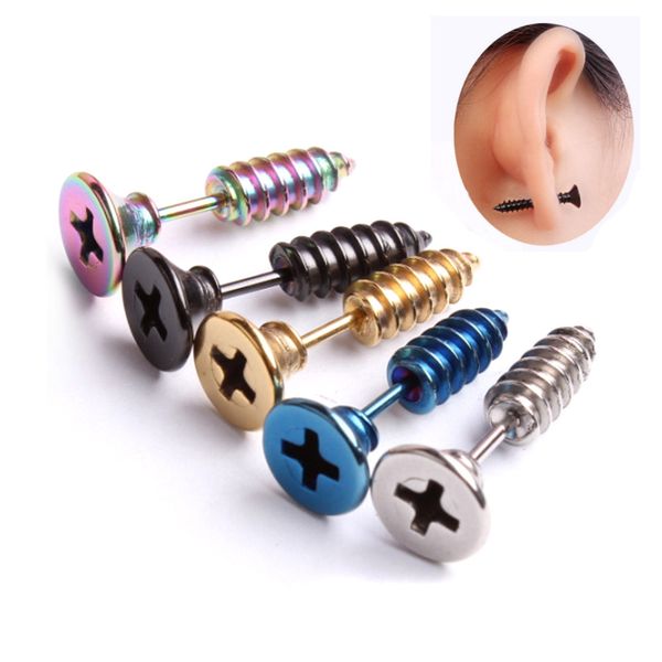pair of trendy women men chic punk stainless steel screw ear earrings, Blue;gray 
pair of trendy women men chic punk stainless steel screw ear earrings, Blue;gray