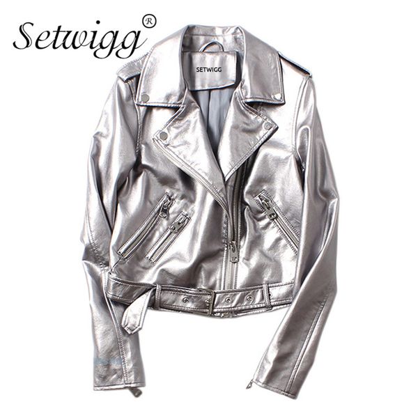 female 2019 spring autumn metallic pu leather jacket collar belt faux leather jacket coat rivet zipper motorcycle silver jackets, Black
female 2019 spring autumn metallic pu leather jacket collar belt faux leather jacket coat rivet zipper motorcycle silver jackets, Black