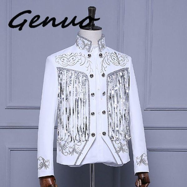 genuo newmen's gold silver twinkle tassel sequins embroidery double breasted stage singer suit jacket men slim fit blazer design, White;black
genuo newmen's gold silver twinkle tassel sequins embroidery double breasted stage singer suit jacket men slim fit blazer design, White;black