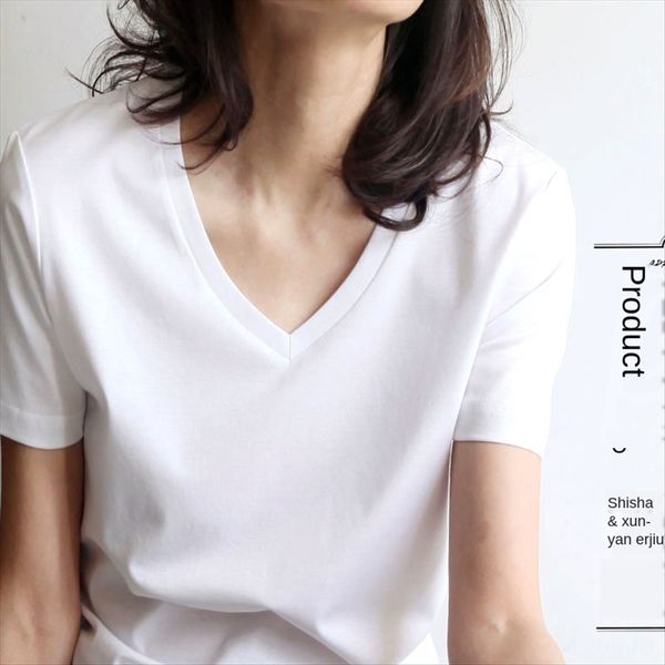 high-end pure cotton simple solid color v-neck slim t-shirt women's short-sleeved ol commuting women's dress, White
high-end pure cotton simple solid color v-neck slim t-shirt women's short-sleeved ol commuting women's dress, White