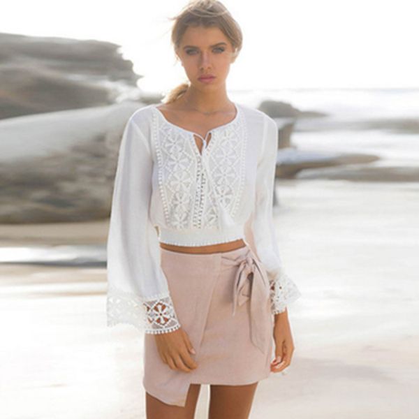 women's summer shirt lace v-neck navel solid color short tank women official bandage long sleeve casual tank, White
women's summer shirt lace v-neck navel solid color short tank women official bandage long sleeve casual tank, White