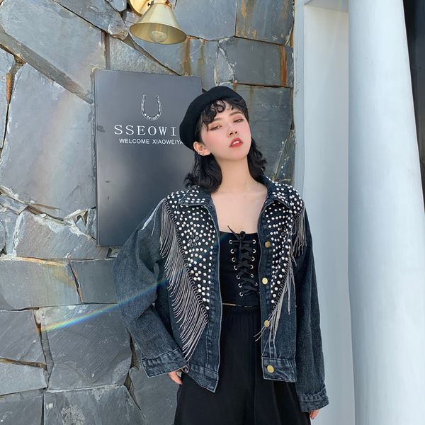 2020 new women autumn hand-studded rivet tassel chain short jeans coat woman's loose jacket coat fashion streetwear denim jacket, Black;brown
2020 new women autumn hand-studded rivet tassel chain short jeans coat woman's loose jacket coat fashion streetwear denim jacket, Black;brown