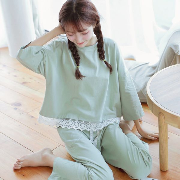 women girl long sleeve t-shirt pant home suit lace stitching mint green pajamas suit js24, Black;red
women girl long sleeve t-shirt pant home suit lace stitching mint green pajamas suit js24, Black;red