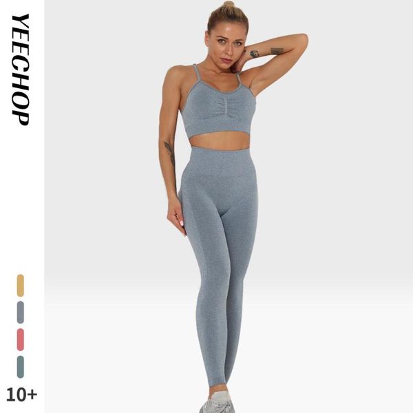 yoga outfits yeechop seamless set women fitness clothing high waist tights gym leggings+crop sports bra workout 2 pcs suits femme, White;red