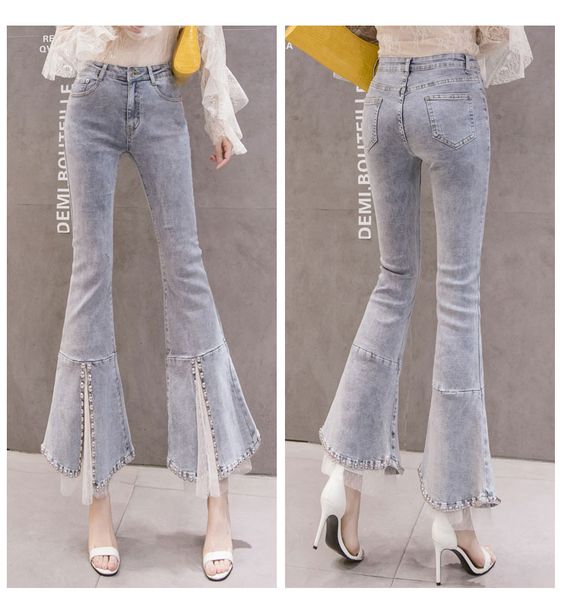 jinyilai blue gray rivet waist t nine points pants