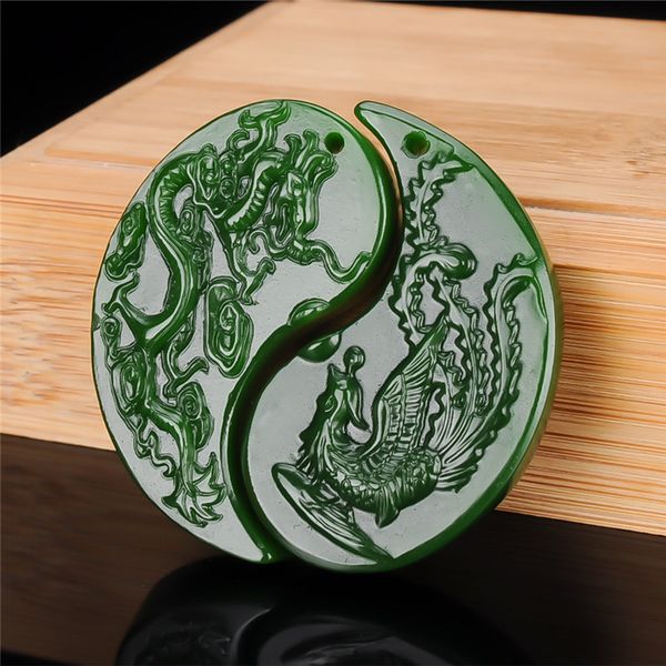a pair chinese green jade dragon phoenix pendant necklace jewellery fashion hand-carved relax healing man women luck amulet, Silver
a pair chinese green jade dragon phoenix pendant necklace jewellery fashion hand-carved relax healing man women luck amulet, Silver