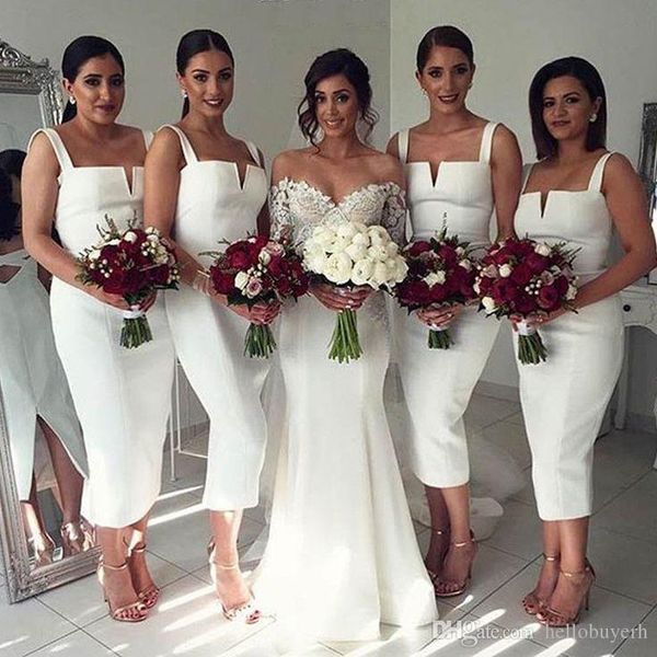 2018 white short sheath bridesmaid dresses tea length for beach wedding straps party cocktail dresses, White;pink 
2018 white short sheath bridesmaid dresses tea length for beach wedding straps party cocktail dresses, White;pink