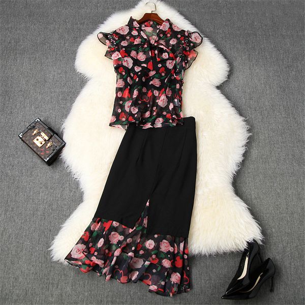 2020 summer set for women fashion designer runway suit elegant bow collar floral print chiffon blouse and skirt matching sets, White
2020 summer set for women fashion designer runway suit elegant bow collar floral print chiffon blouse and skirt matching sets, White