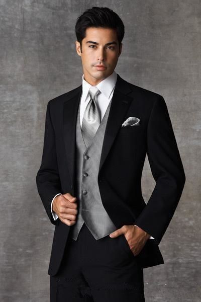 two buttons black groom tuxedos notch lapel groomsmen mens wedding dresses prom suits (jacket+pants+vest+tie), Black;gray
two buttons black groom tuxedos notch lapel groomsmen mens wedding dresses prom suits (jacket+pants+vest+tie), Black;gray