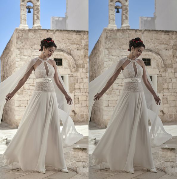 modern a line luisasposa wedding dresses sleeveless halter chiffon lace crystal sash wedding gowns sweep trai floor length robe de mariée, White 
modern a line luisasposa wedding dresses sleeveless halter chiffon lace crystal sash wedding gowns sweep trai floor length robe de mariée, White