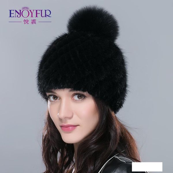

real mink fur hat for women winter knitted mink fur beanies cap with fox fur pom poms 2018 brand new thick female cap s18120302, Blue;gray