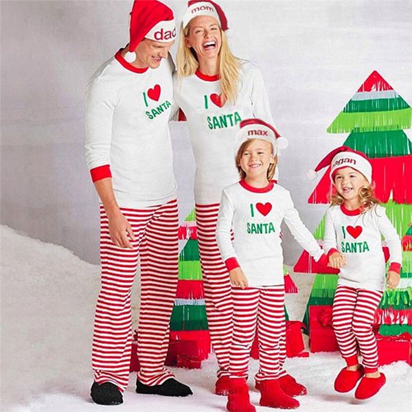 

рождество семья дети взрослые соответствующие рождественские пижамы пижамы набор письмо печати топ полосатые брюки мода повседневная одежда, Blue